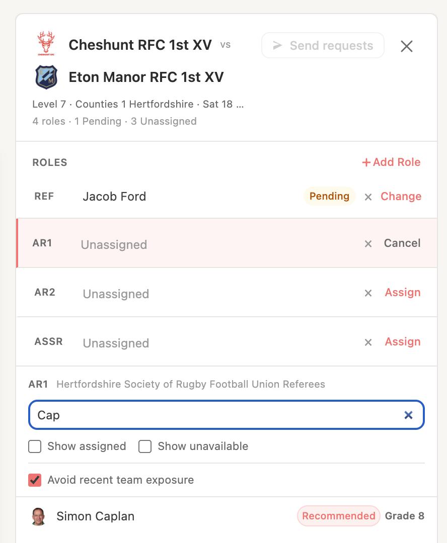 A fixture with all role slots filled showing the complete appointed panel