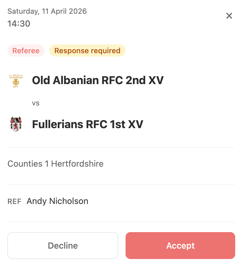 The appointment detail view showing full fixture information