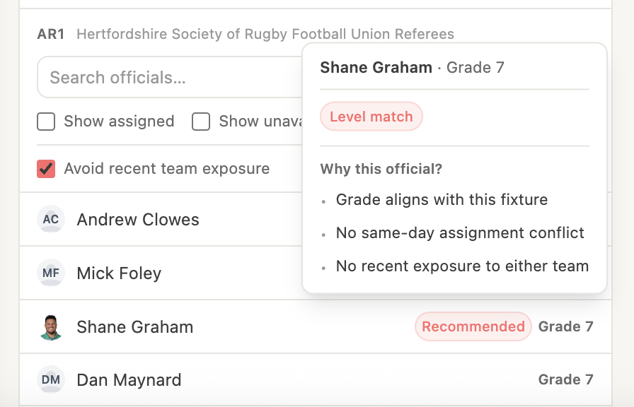 The official selection panel showing availability indicators for each official