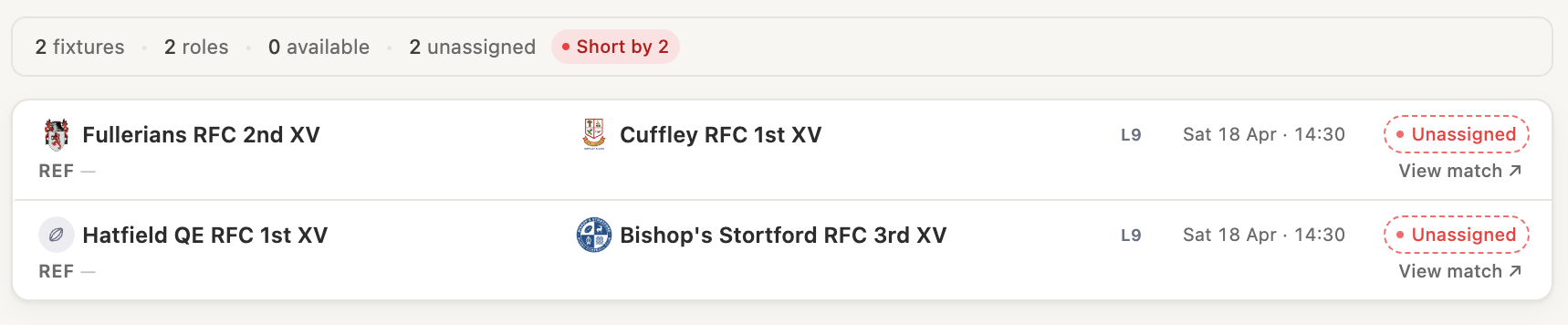 The appointments queue showing fixtures with unfilled role slots
