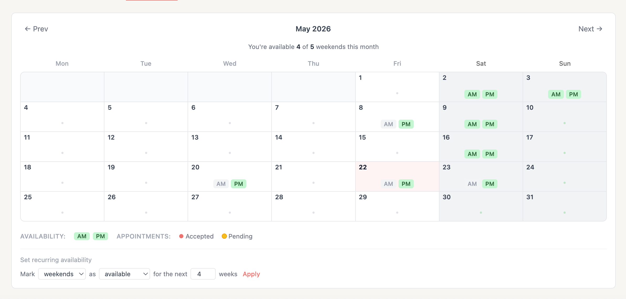 The availability calendar showing available and unavailable dates