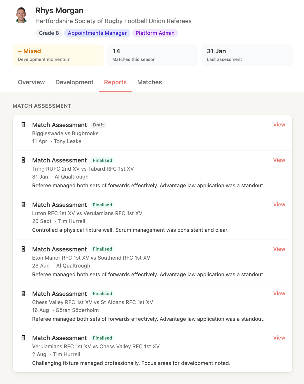 The Reports tab listing all assessments for the selected referee