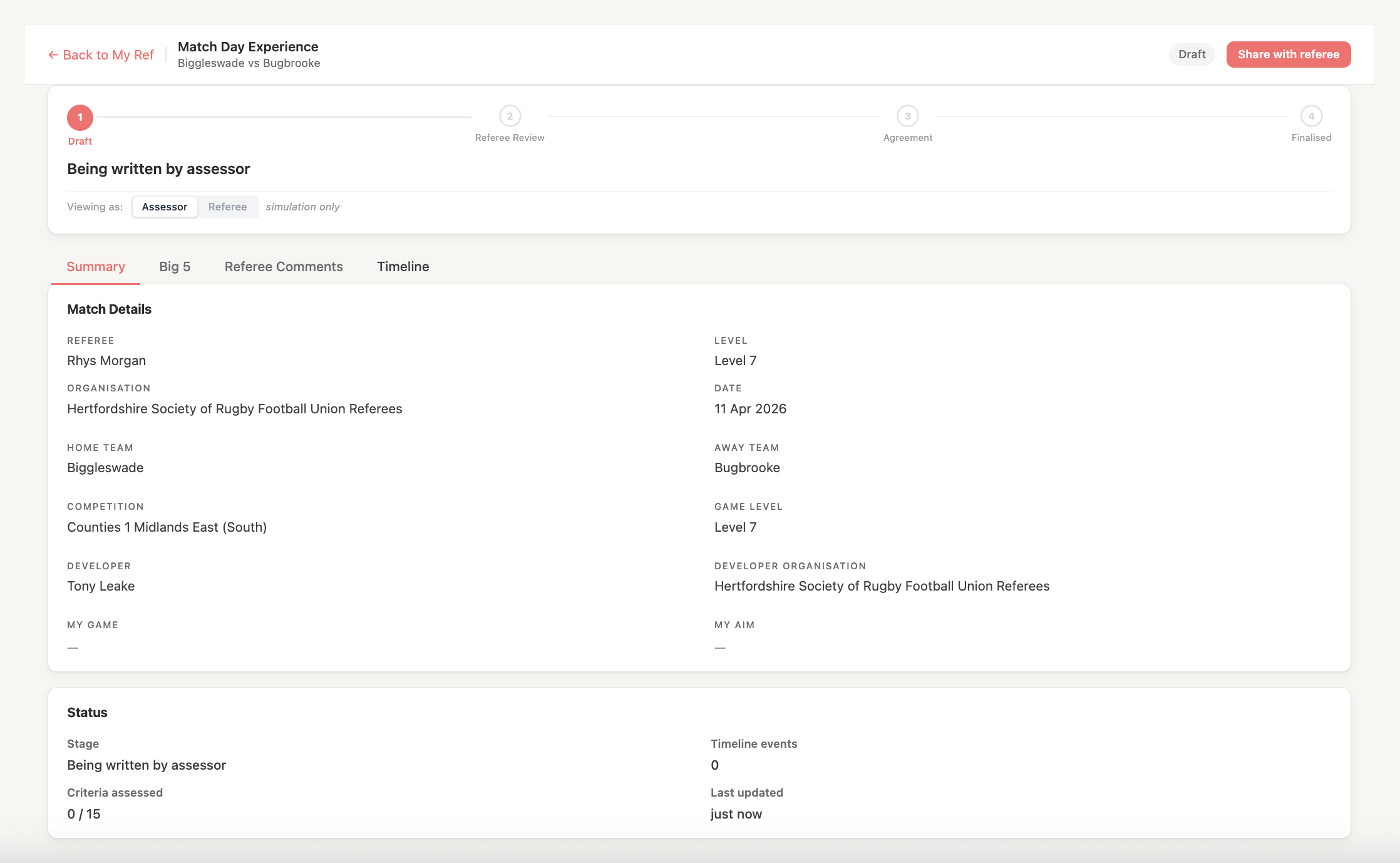 An open assessor report showing the summary and area feedback sections