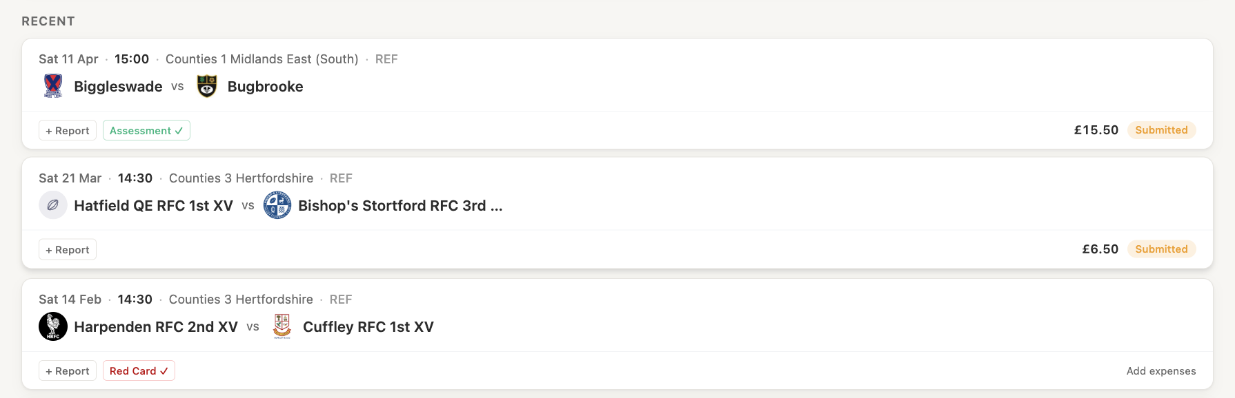 The expenses list showing claims with submitted and paid status badges