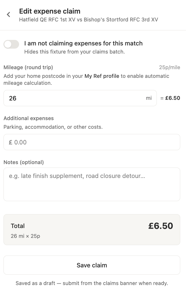 The new expense claim form showing match selection and cost fields