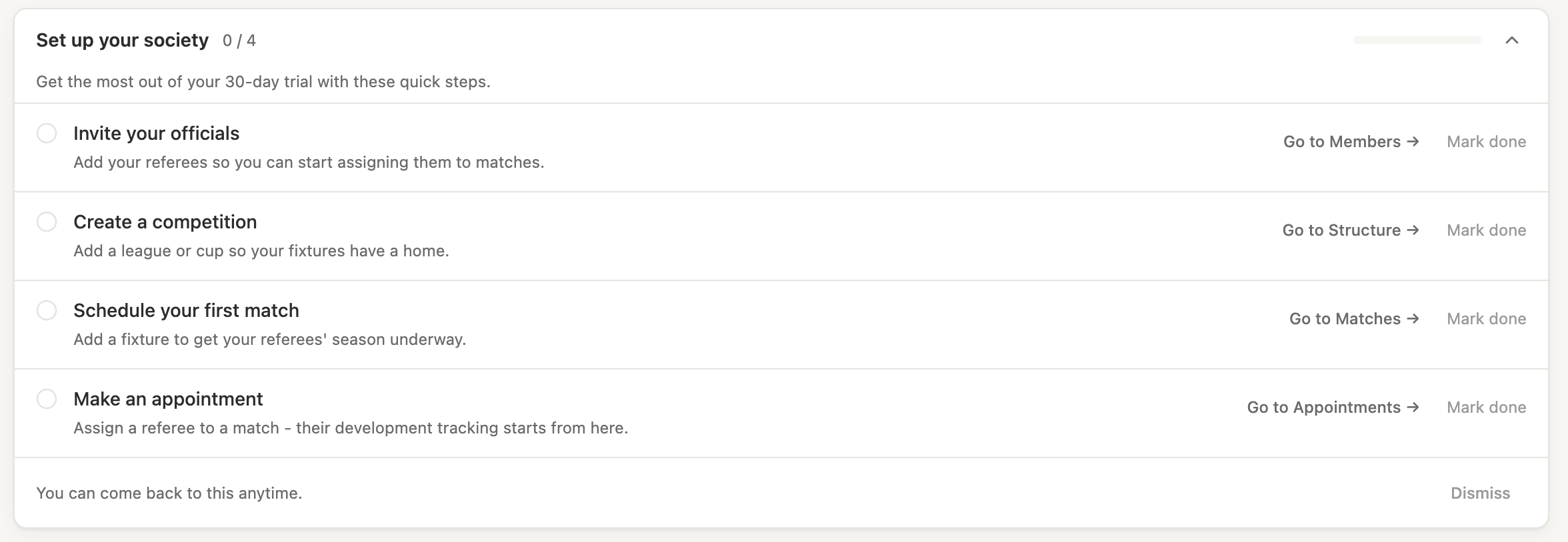 The society setup checklist shown to a new admin on first login