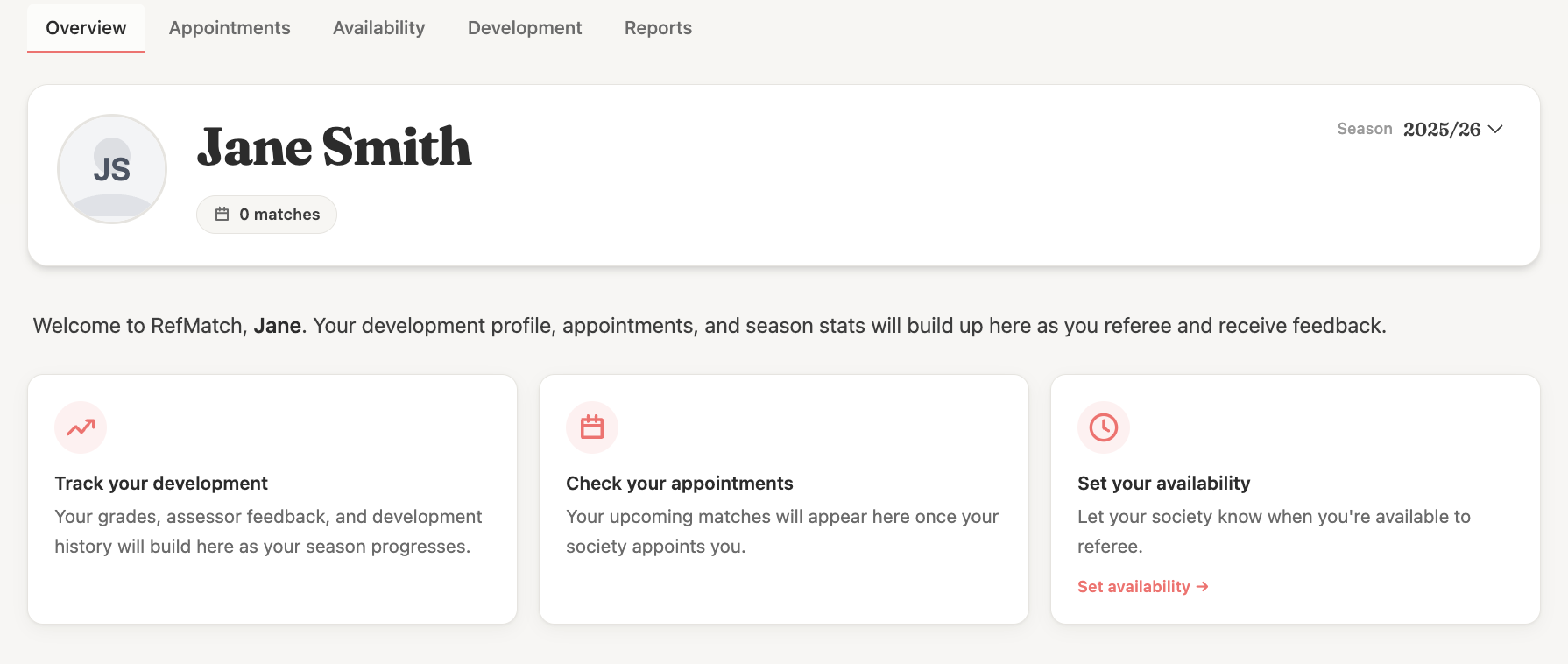 My Overview as a referee showing development summary and upcoming appointments