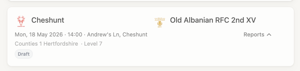 A newly created match in draft status on the matches list