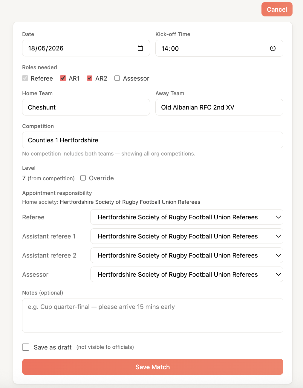 The new match form with all fields filled in