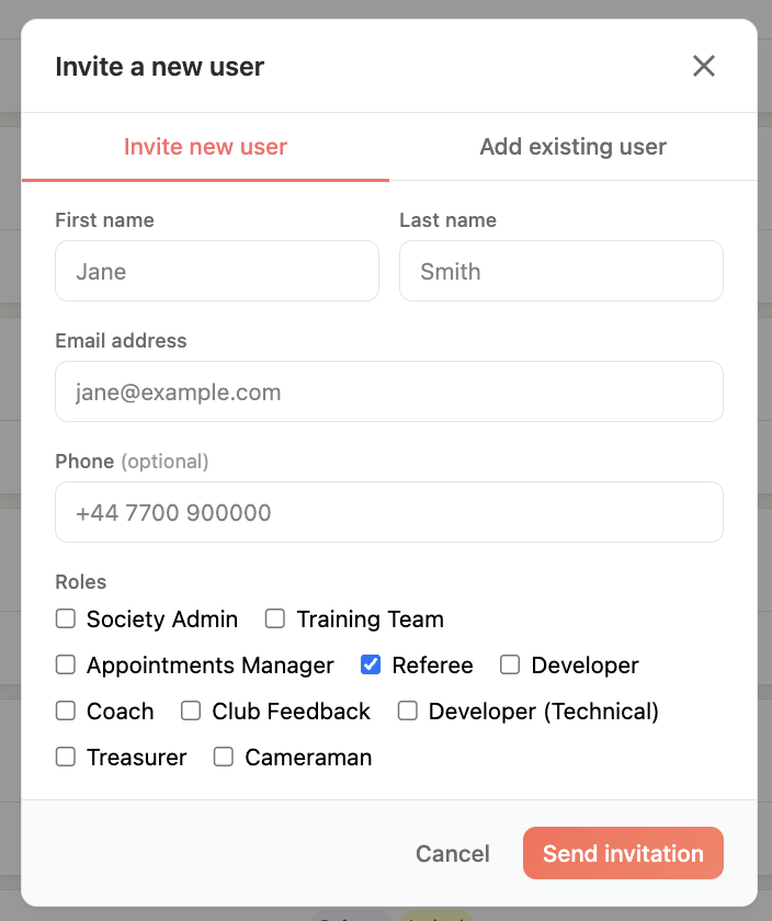 The invite member form with name, email, and role fields