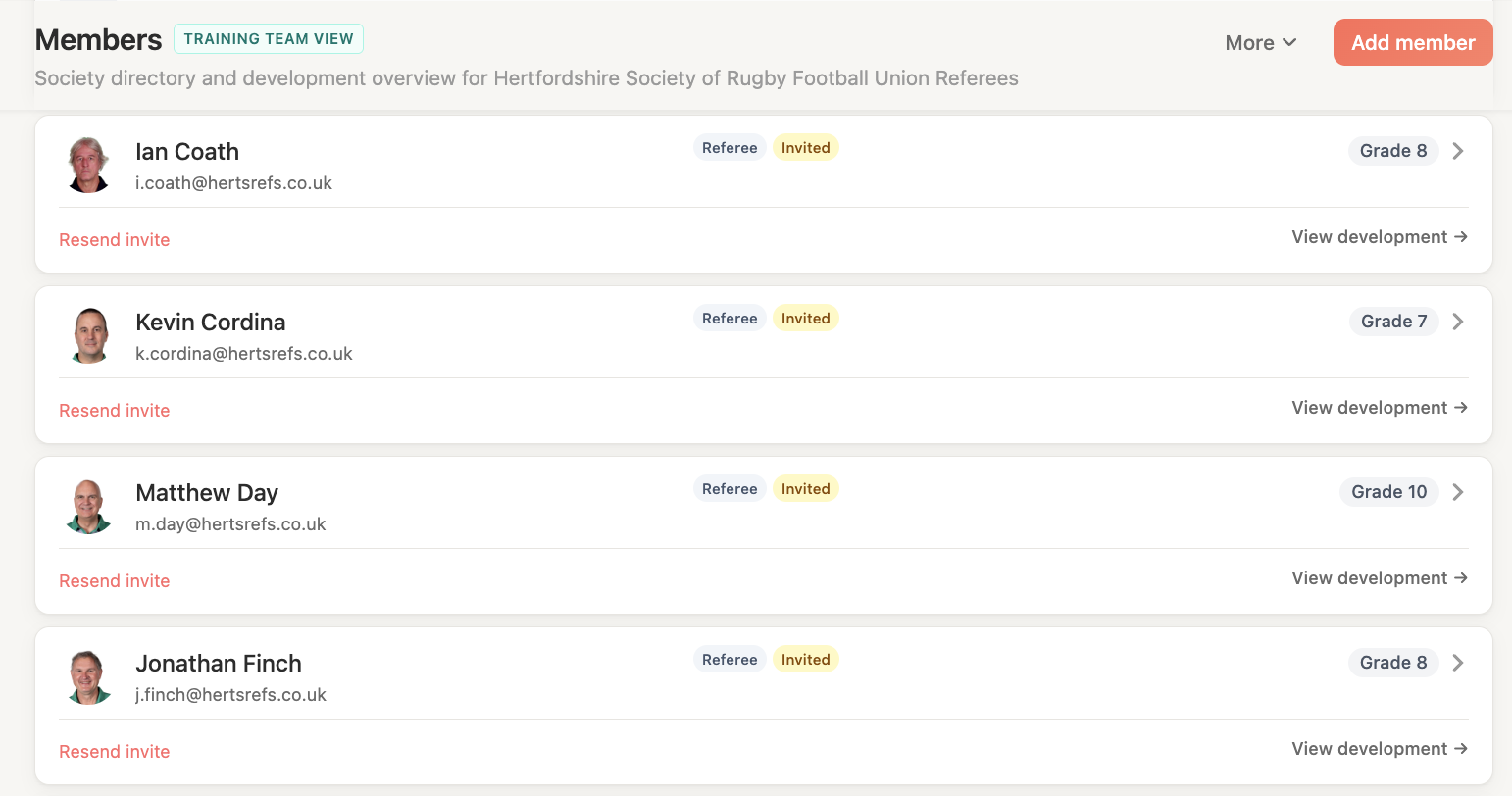 The members list showing officials with their role badges